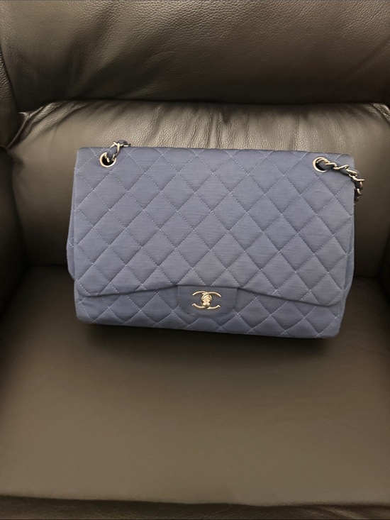 CHANEL Handbags - Chanel blue jersey single jumbo flap bag